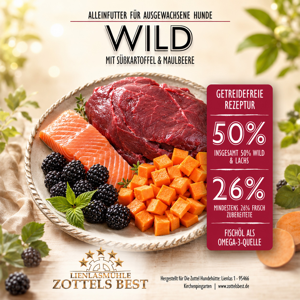 Wild mit Süßkartoffel & Maulbeere