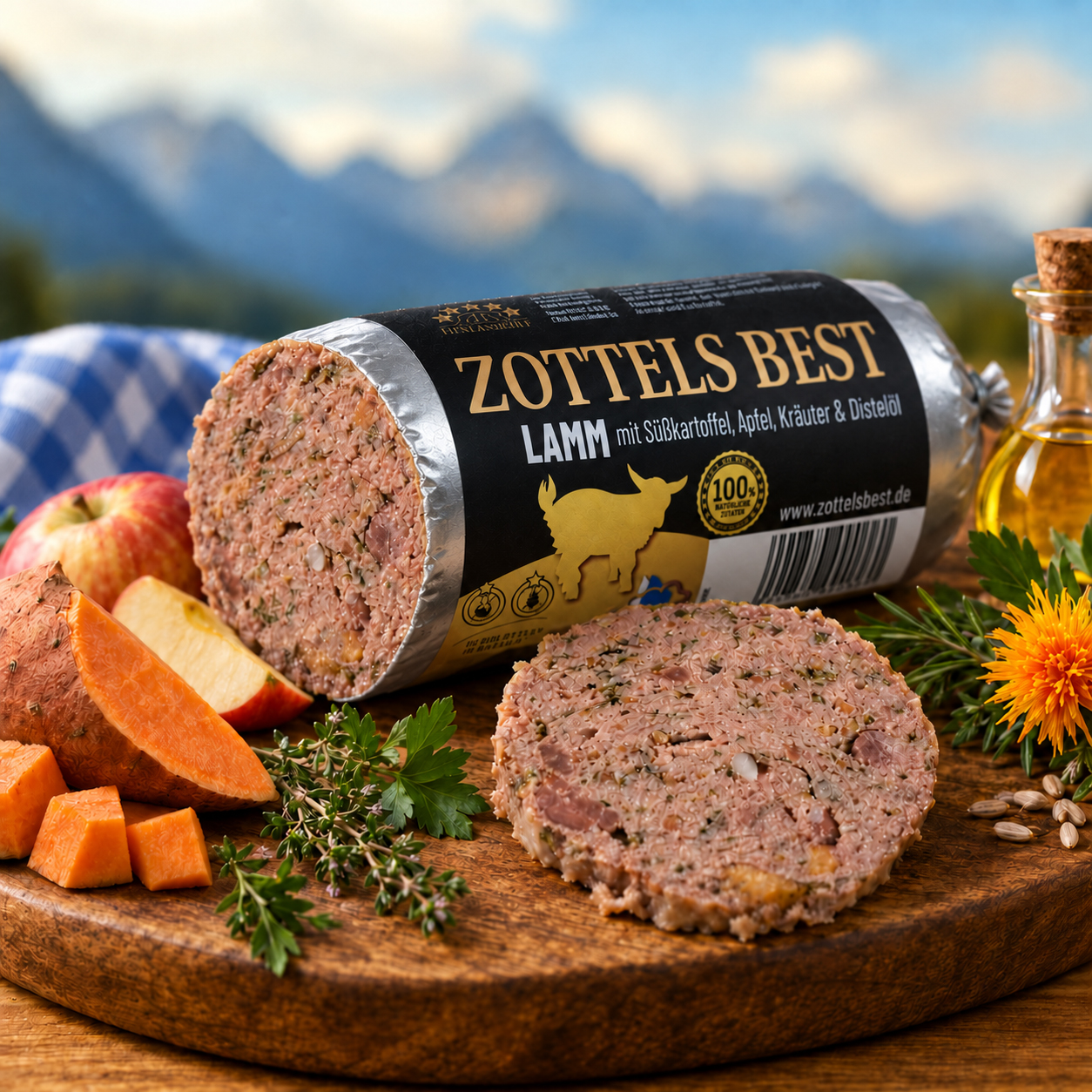 Hundewurst "Lamm mit Süßkartoffel, Apfel, Kräuter & Distelöl"